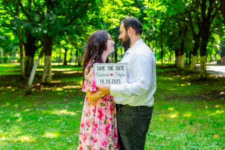 Viitorii miri țin plăcuța „Save the date 18.10.2025” într-un parc verde