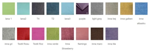 Paleta de nuanțe de material textil pentru coperta fotocărții: verde, turcoaz, gri, bej, roșu, roz, maro și lila